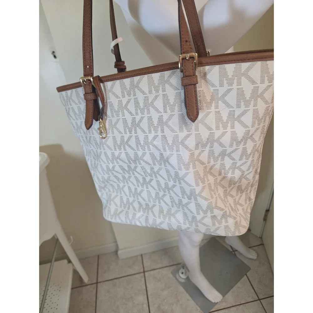 Michael Kors Voyager East West Tote Bag White MK Monogram Brown Trim